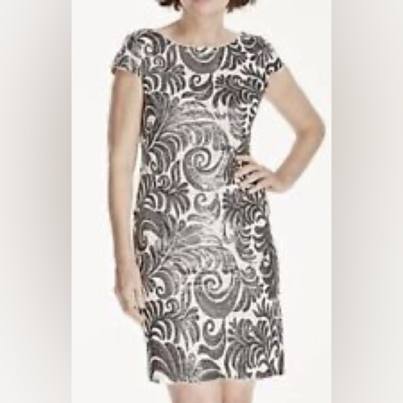 Adrianna Papel Gunmetal Sequin Paisley Pattern Chiffon Shift Dress Sz 14 - Picture 2 of 11